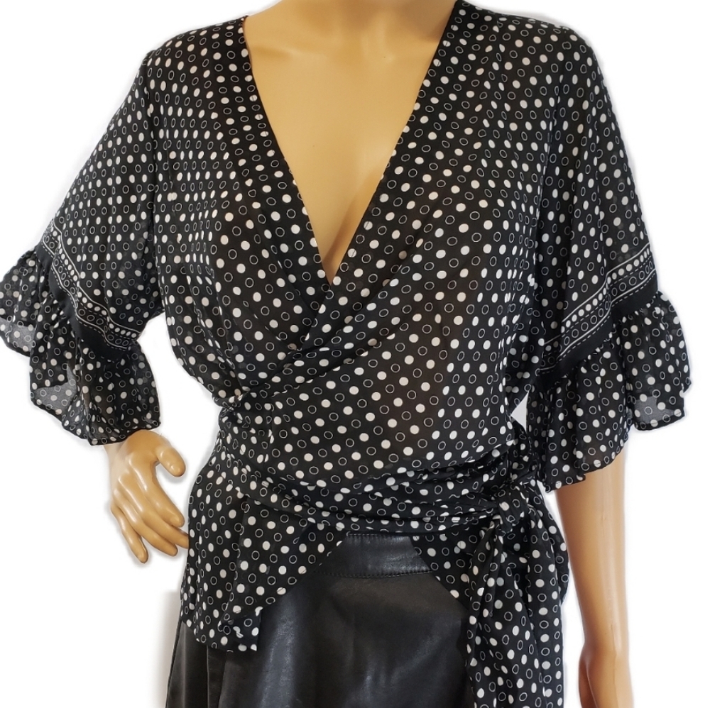 Max Studio Polka Dots Wrap Bell Sleeve Blo…